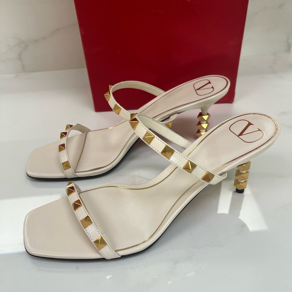VALENTINO GARAVANI ROCKSTUD SLIP-ON LEATHER STILETTOS SANDALS 38